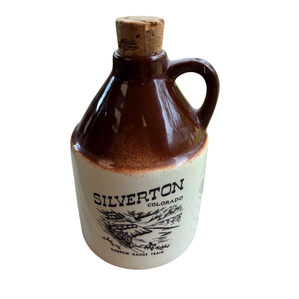 Vintage Silverton Colorado Narrow Gauge Train Stoneware Whiskey Jug Brown Cream